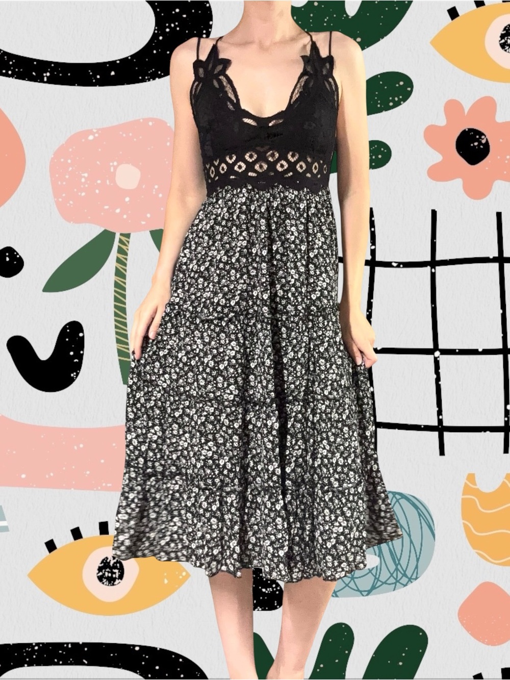 Rue 21 | 2010’s Crochet Lace Bust Black White Floral Tiered Midi Dress